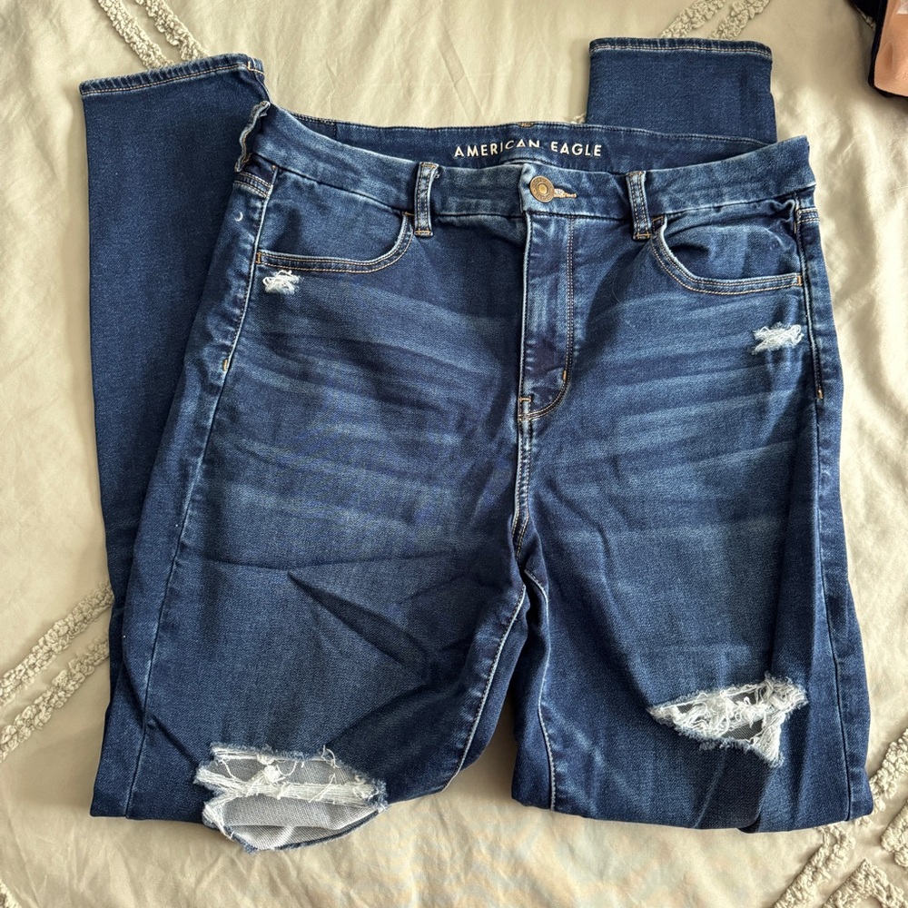 American Eagle Outfitters Women's Dark Blue Ripped Skinny Jeans